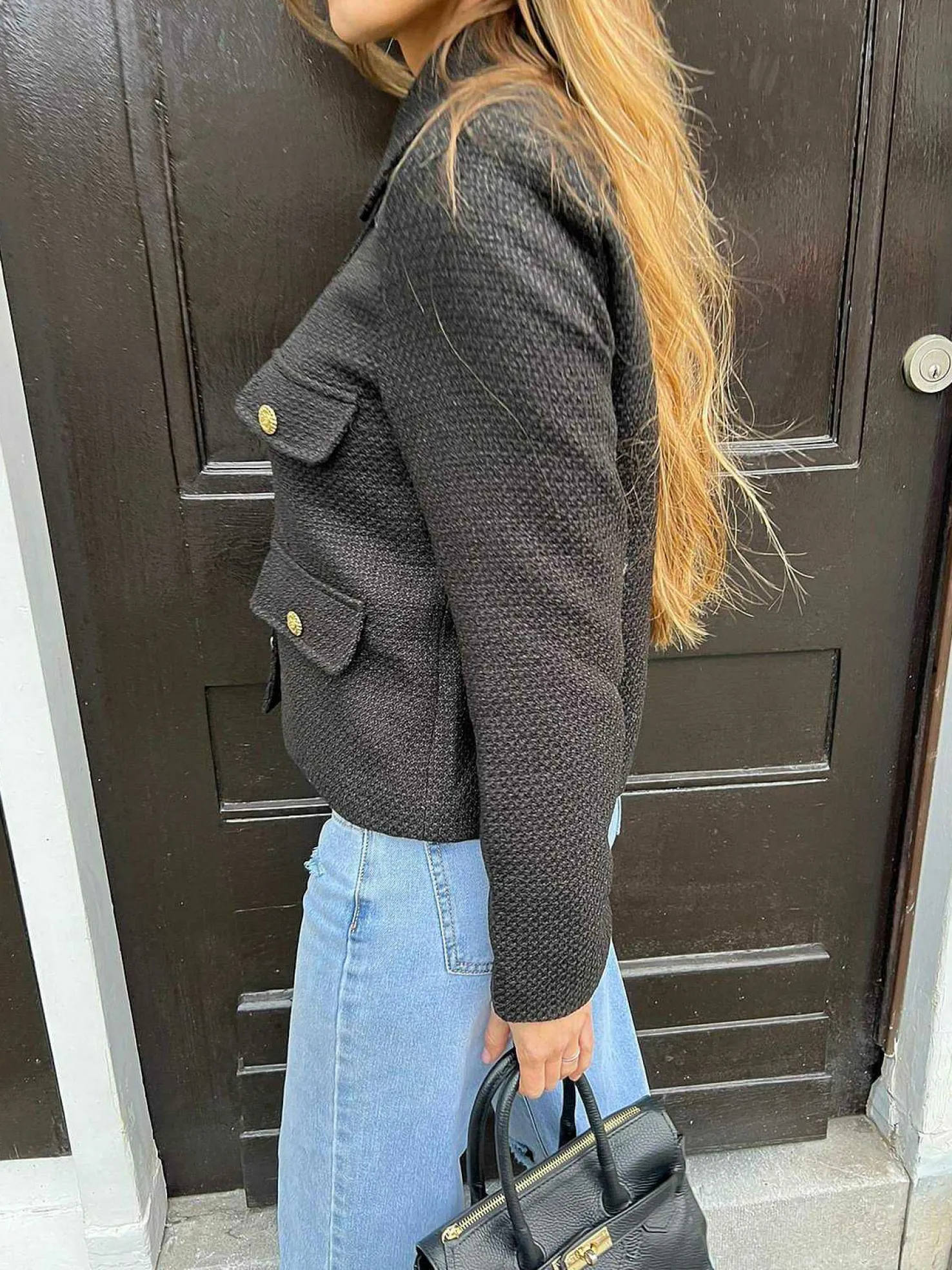 LOF Boutique Blazers>Elodie Cropped Tweed Jacket Black