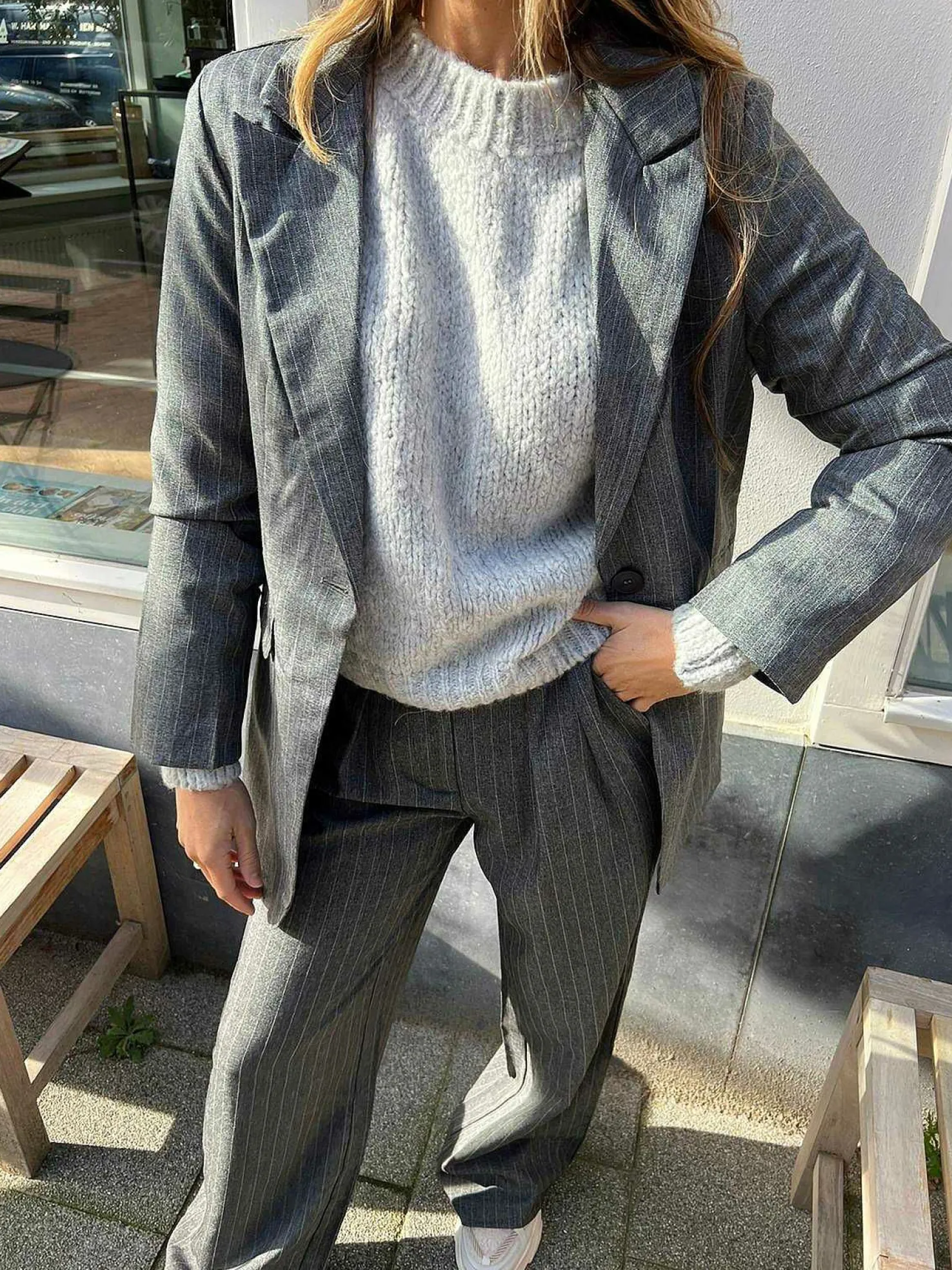 LOF Boutique Blazers>Fenna Pinstripe Blazer Dark Grey