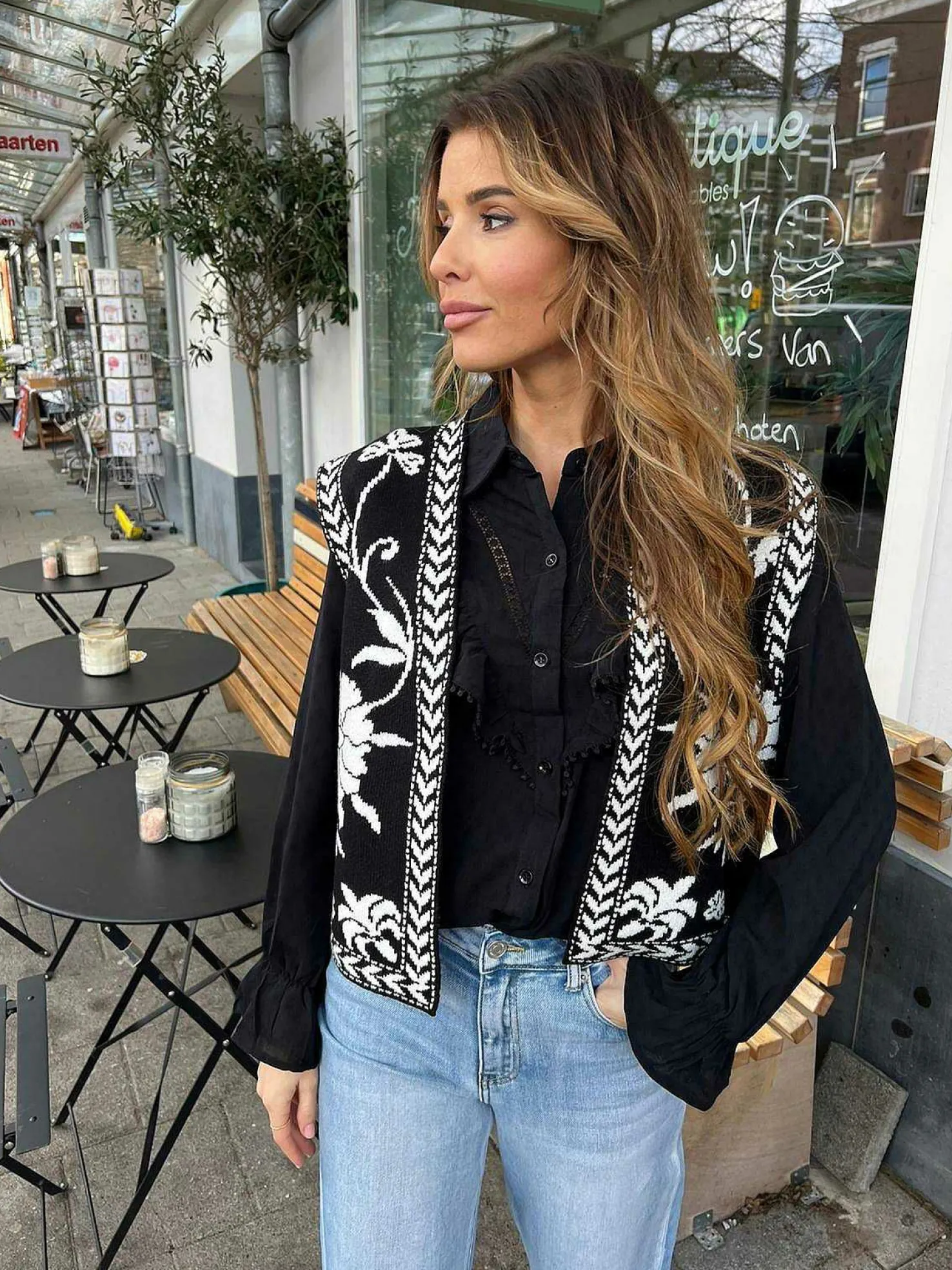 LOF Boutique Gilets>Ines Pattern Gilet Zwart