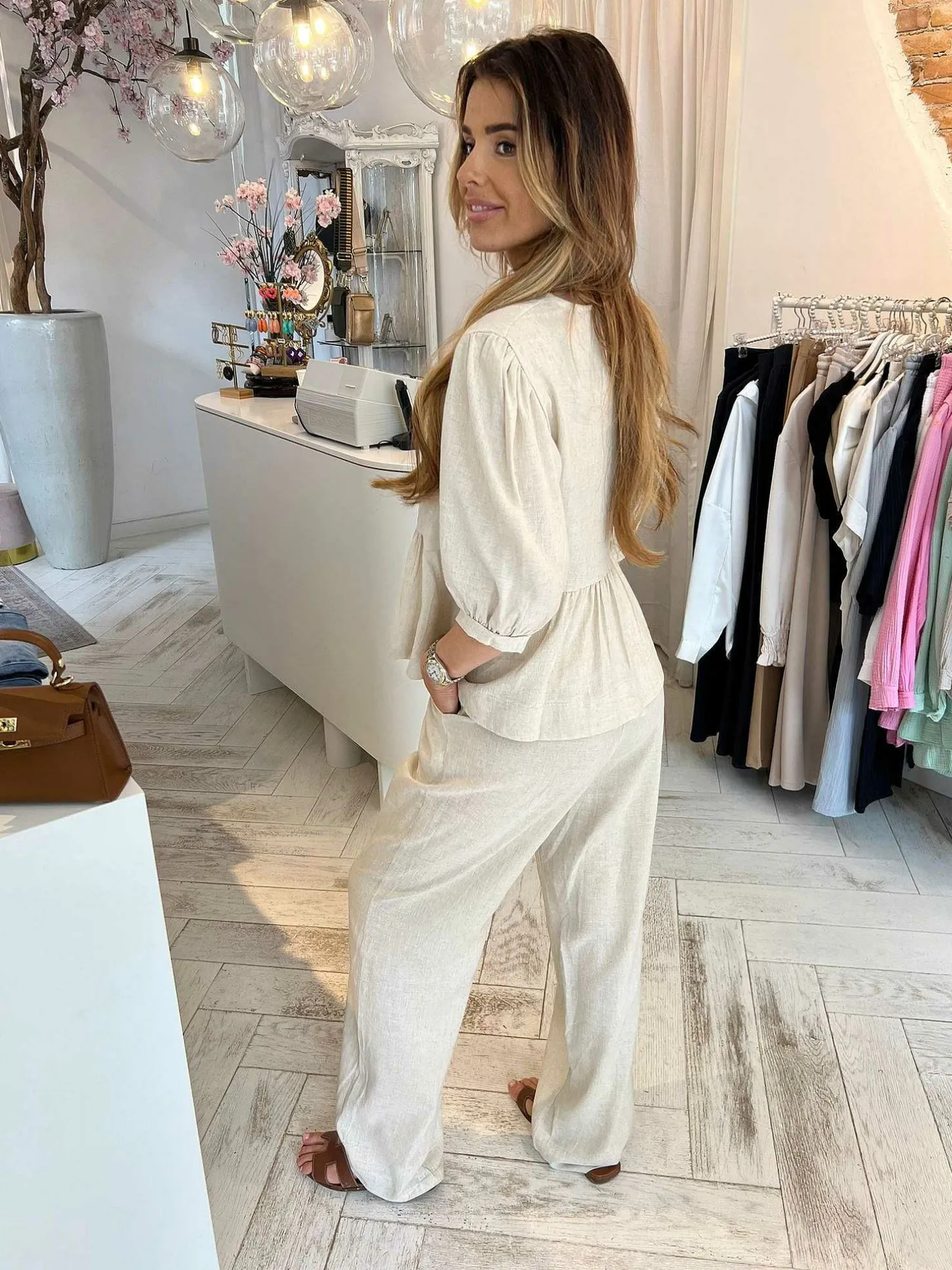 LOF Boutique Sets>Jolie Linen Bow Set Beige
