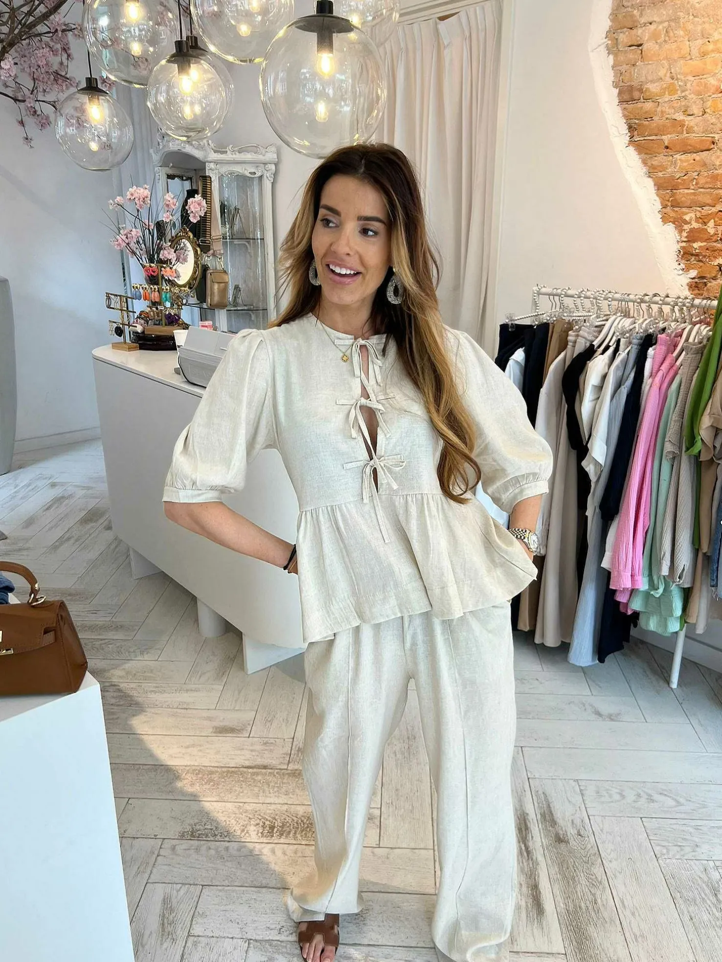 LOF Boutique Sets>Jolie Linen Bow Set Beige