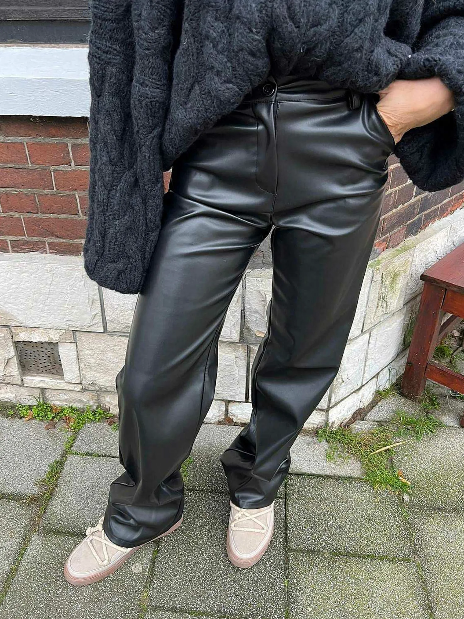 LOF Boutique Broeken>Leatherlook Straight Fit Pants Black