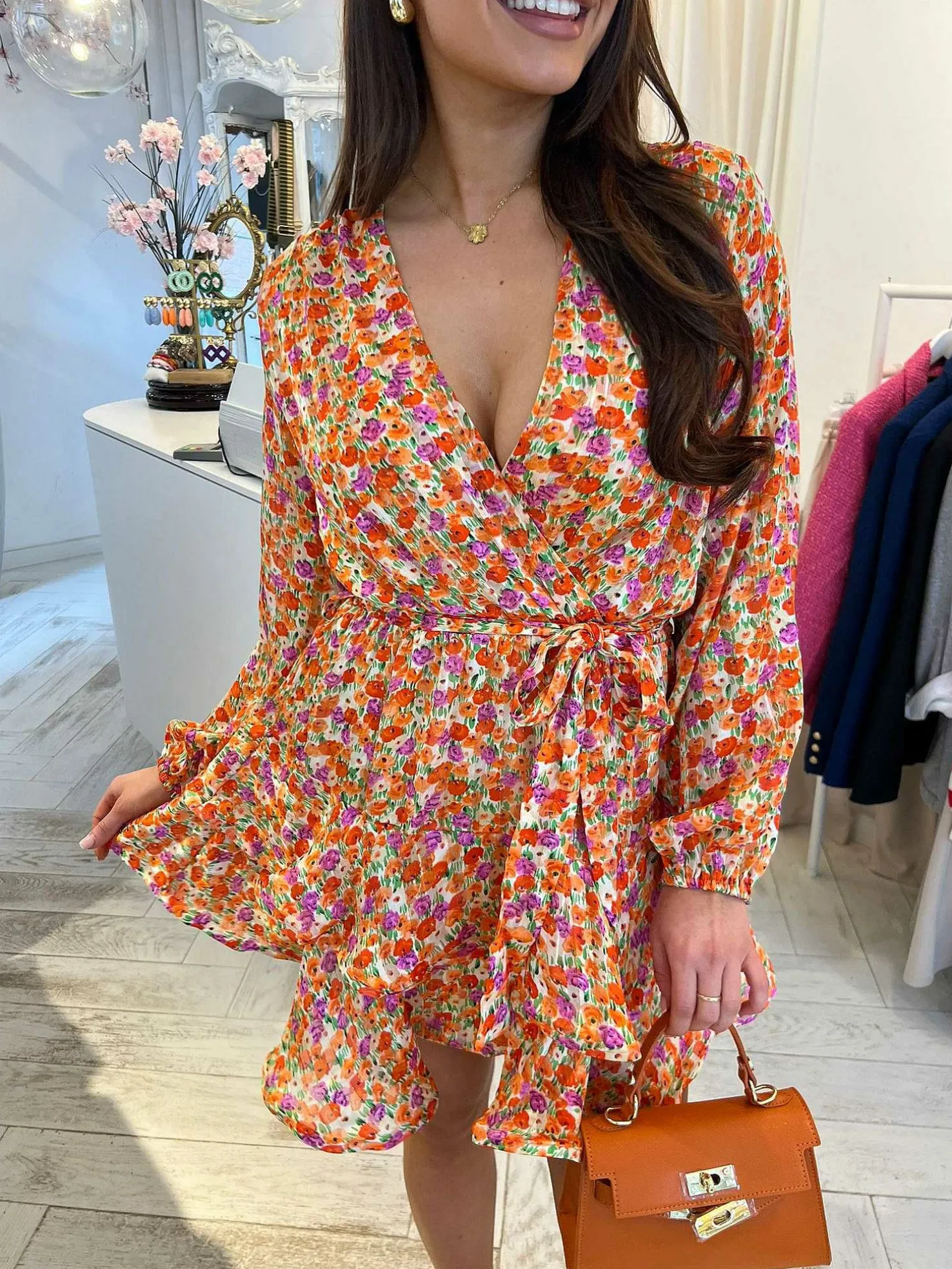 LOF Boutique Jurken>Livia Flower Ruffle Dress Orange