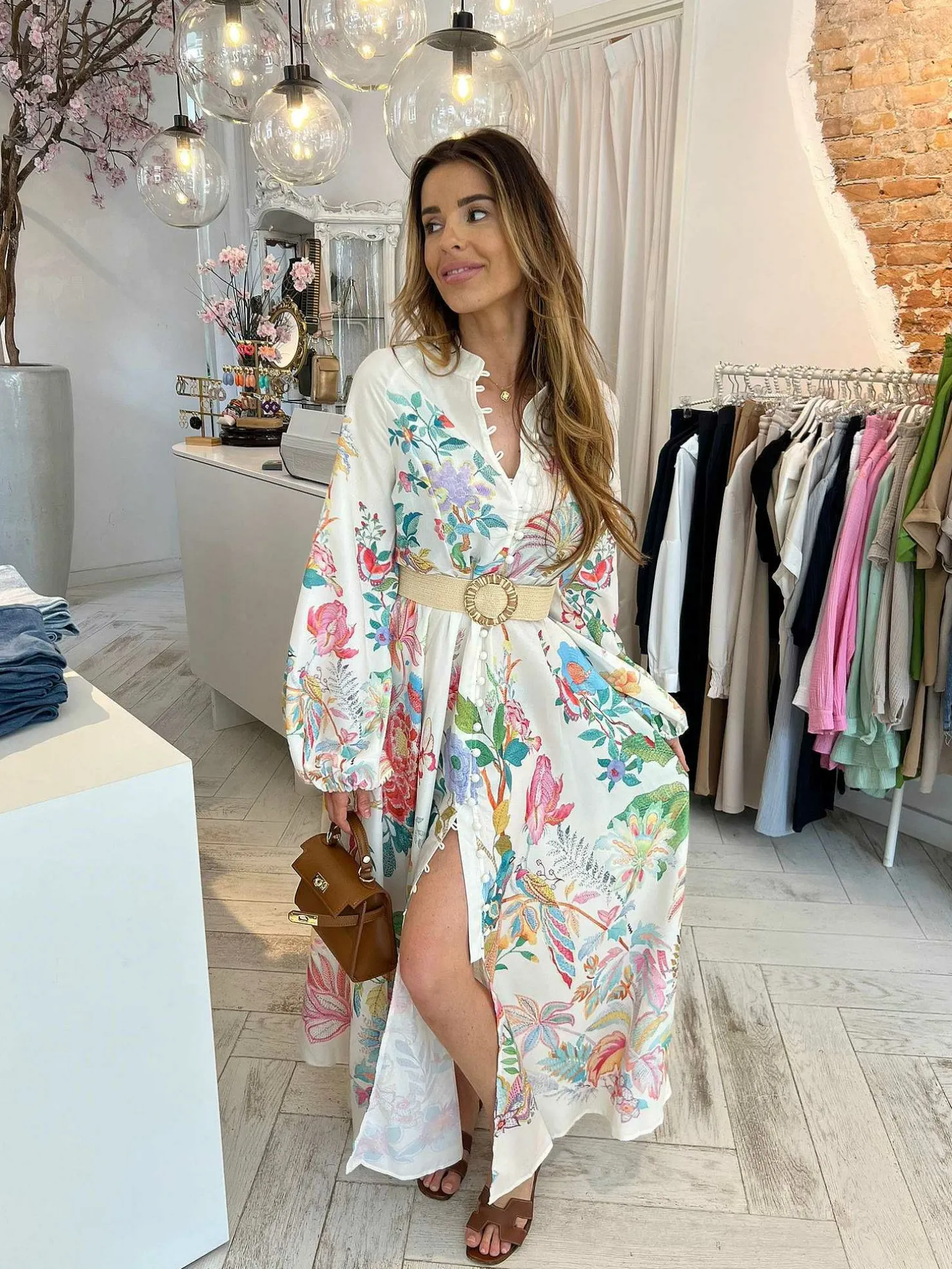 LOF Boutique Jurken>Lotta Maxi Flower Dress Beige