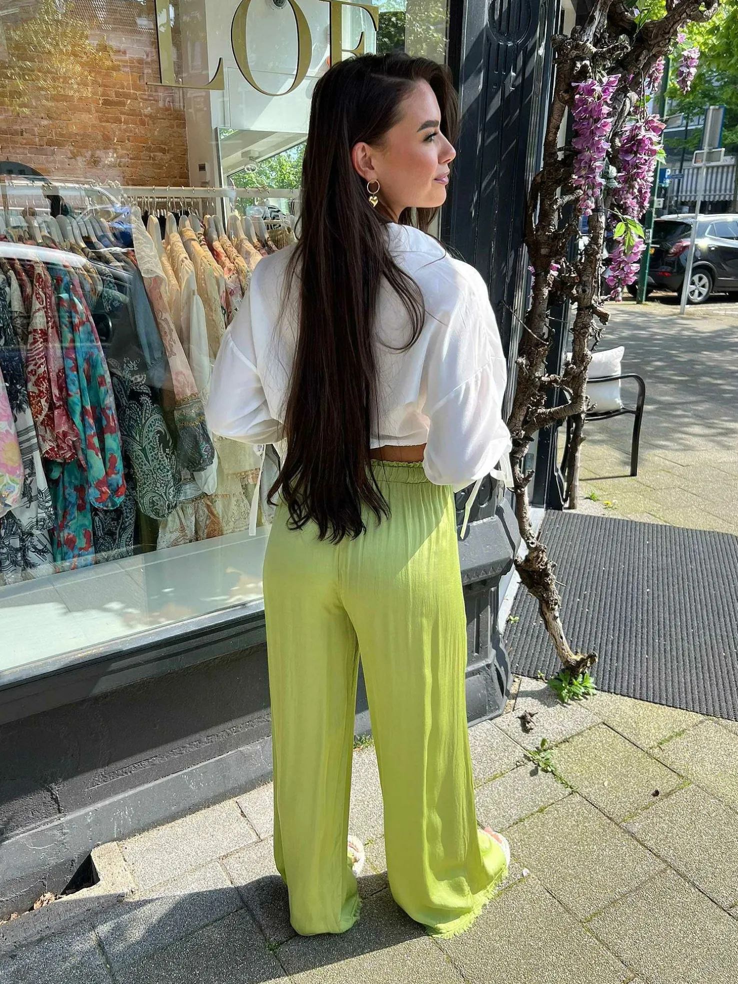 LOF Boutique Broeken>Nala Silky Ruffle Pants Lime
