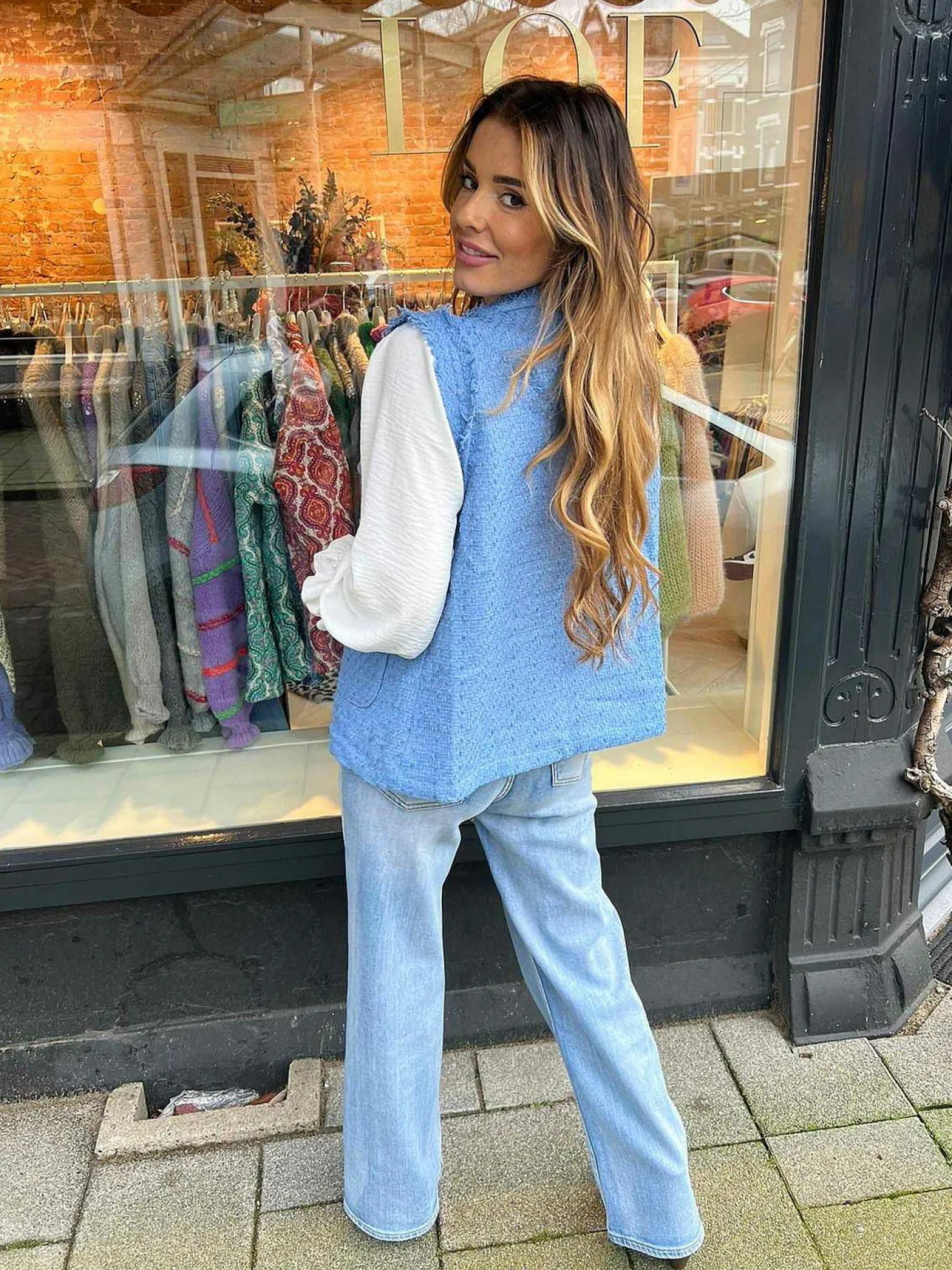 LOF Boutique Gilets>Veerle Tweed Gilet Ocean Blue