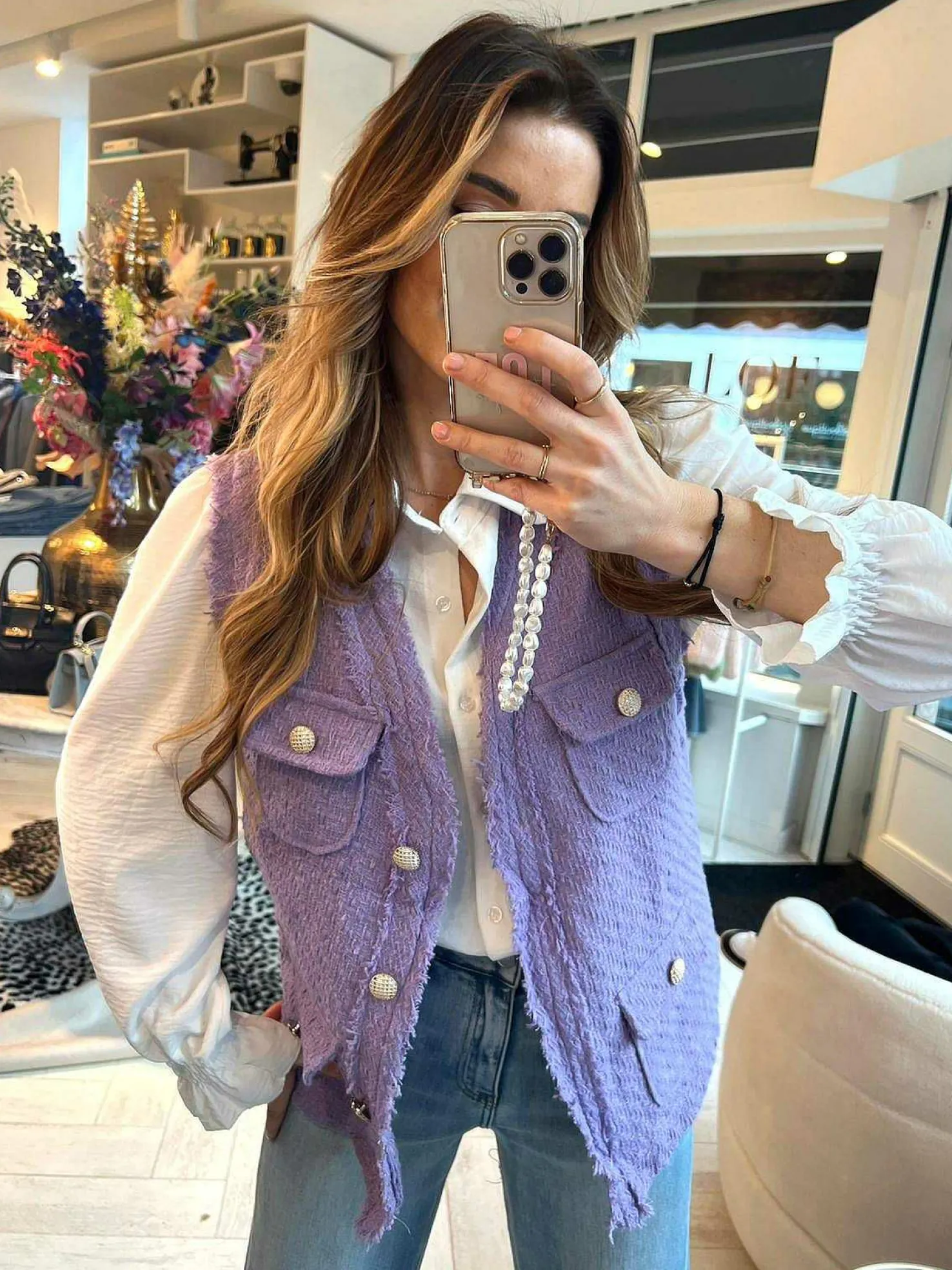 LOF Boutique Gilets>Veerle Tweed Gilet Purple
