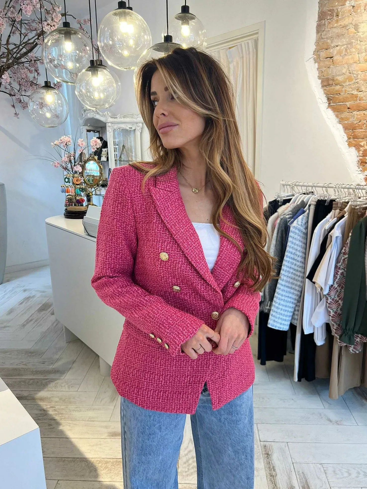 LOF Boutique Blazers>Yasmine Tweed Blazer Pink